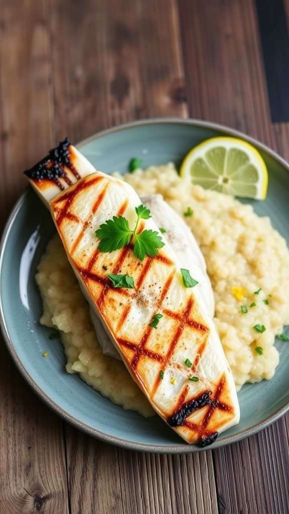 Grilled sea bass fillets on lemon risotto, garnished with parsley and lemon zest on a rustic wooden table.